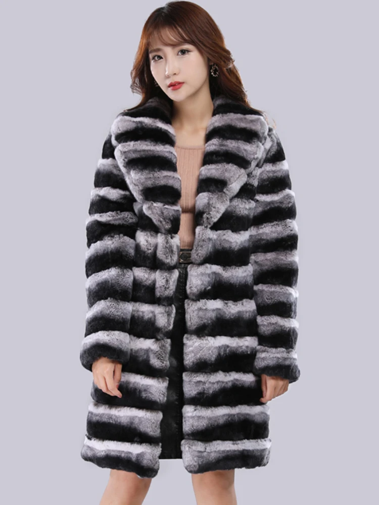 Rex Rabbit Fur Fur Coat Women's jacket Winter Warm Mink Coat Casual Medium Long Thick Trench Coat Plus Size Jacket striped 2025