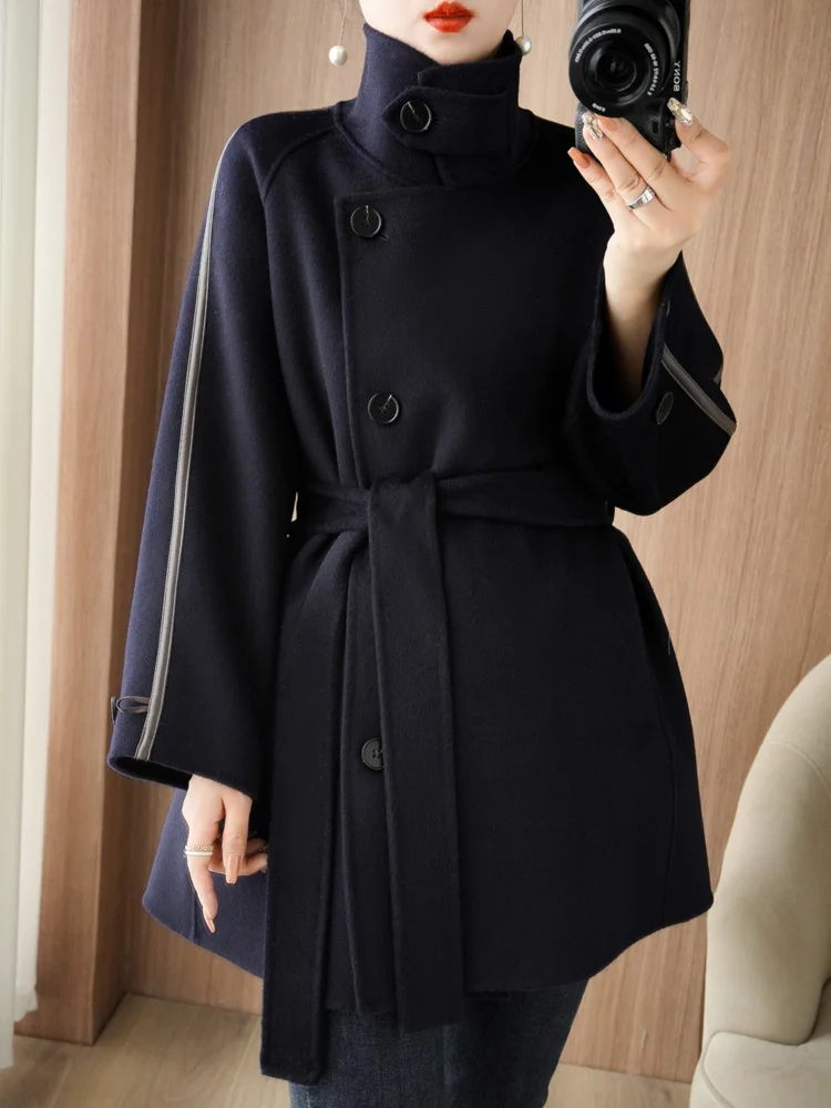 2024 Autumn/Winter New 100%Pure Wool Standing CollanDouble sided Cashmere Coat Women\'s Waist Slim Lace UpWool Coat Top