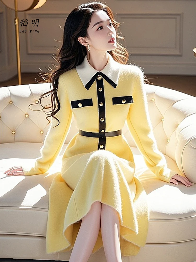 Slim Fit Malha Dr Feminino Outono Inverno Novo Design Turn-down Collar Base Camada Suéter Longo Dr Faionable Cintura Alta