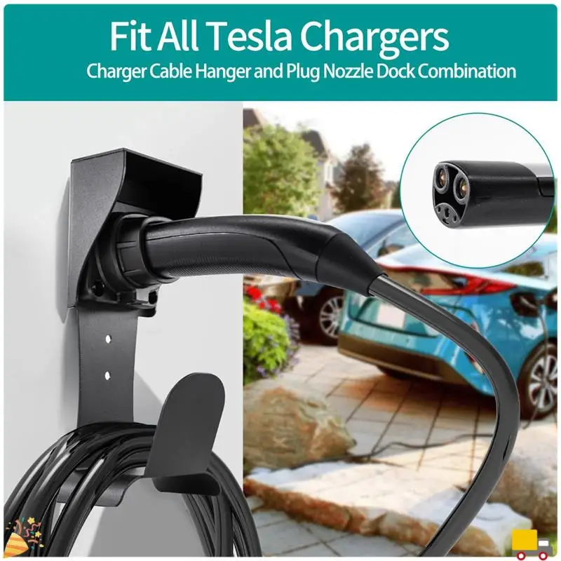 EV Charger Holder Wall-Mount For Tesla Model Y/3/X/S With Non-Cutting Cable Holder & Secure Lock, Indoor/Outdoor