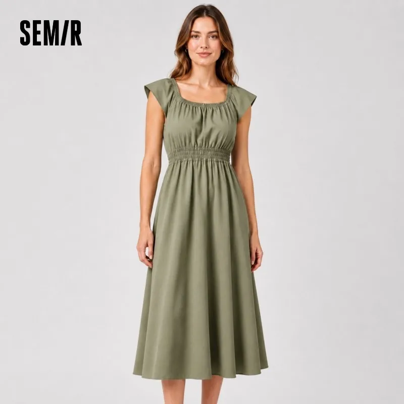 Vestido Semir Feminino com Recortes e Cintura Marcada, Novo Verão 2025, Manga Borboleta, Ombro a Ombro, Comprimento Médio, Sensual Subtil