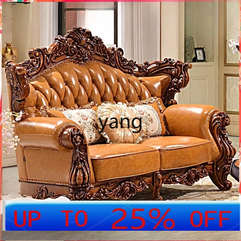 

LTT American top layer cowhide solid wood carved living room sofa combination sales office villa sofa