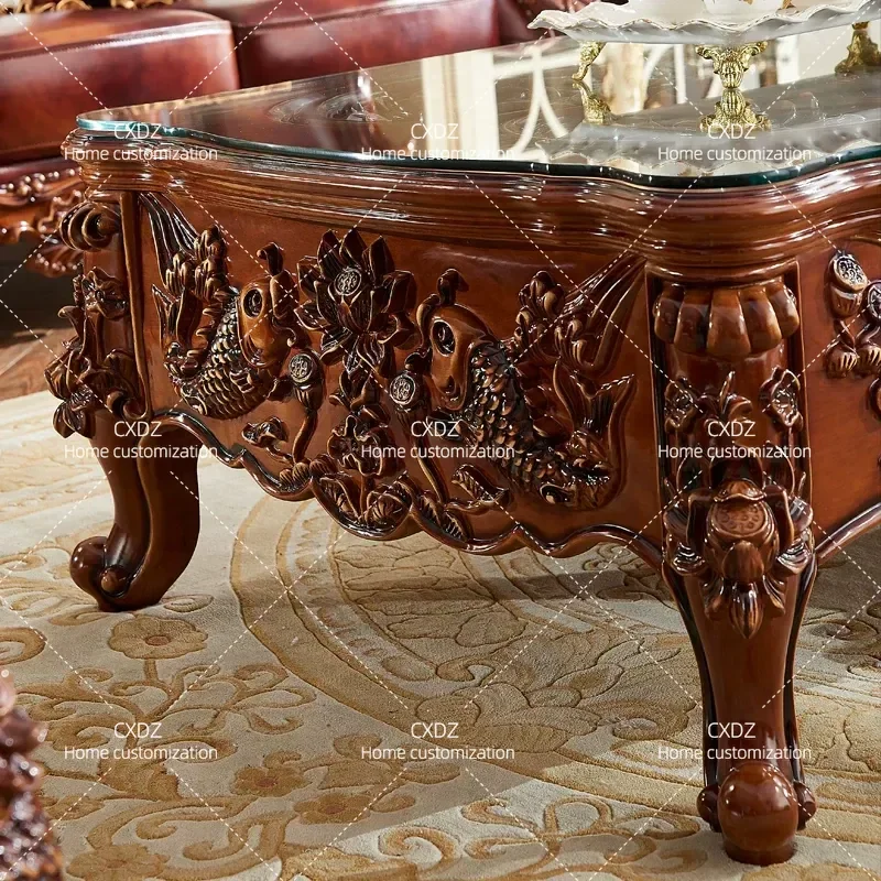 Solid Wood Coffee Table with Tempered Glass Top American Style Carved Fish Design Living Room Furniture