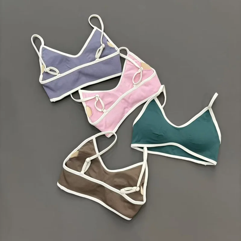 Contrastline Bra Women Backless Knitted Sports Bra Solid Color Suspender Yoga Top Removable Chest Pad Gym Fitness Workout Wear