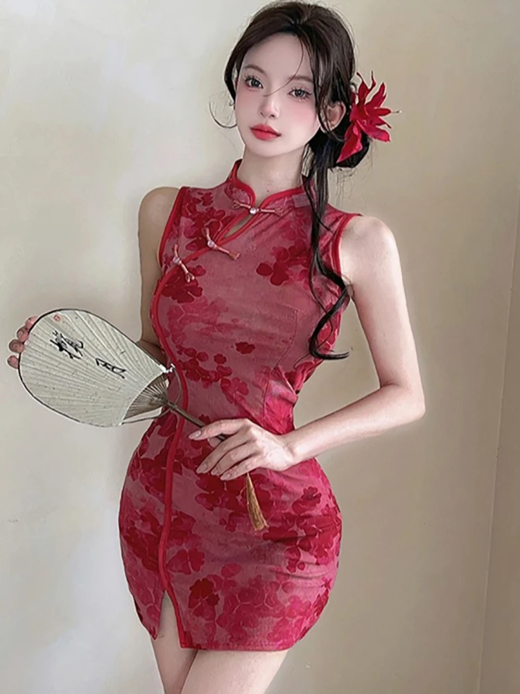 

Summer Red Mesh Floral Stand Collar Cheongsam Dress 2026 Elegant Bodycon Hip Wrap Dress Women Korean Vintage Fesitval Prom Dress