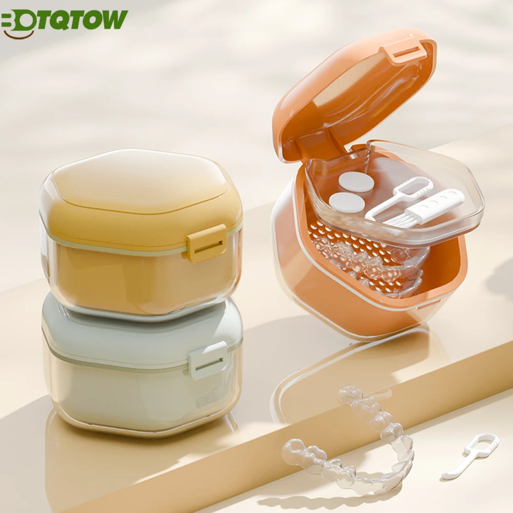 1PCS Retainer & Denture Case with Lid - Travel-Friendly Cleaning Soaking Container for Mouth Guards, Braces & Partial Dentures