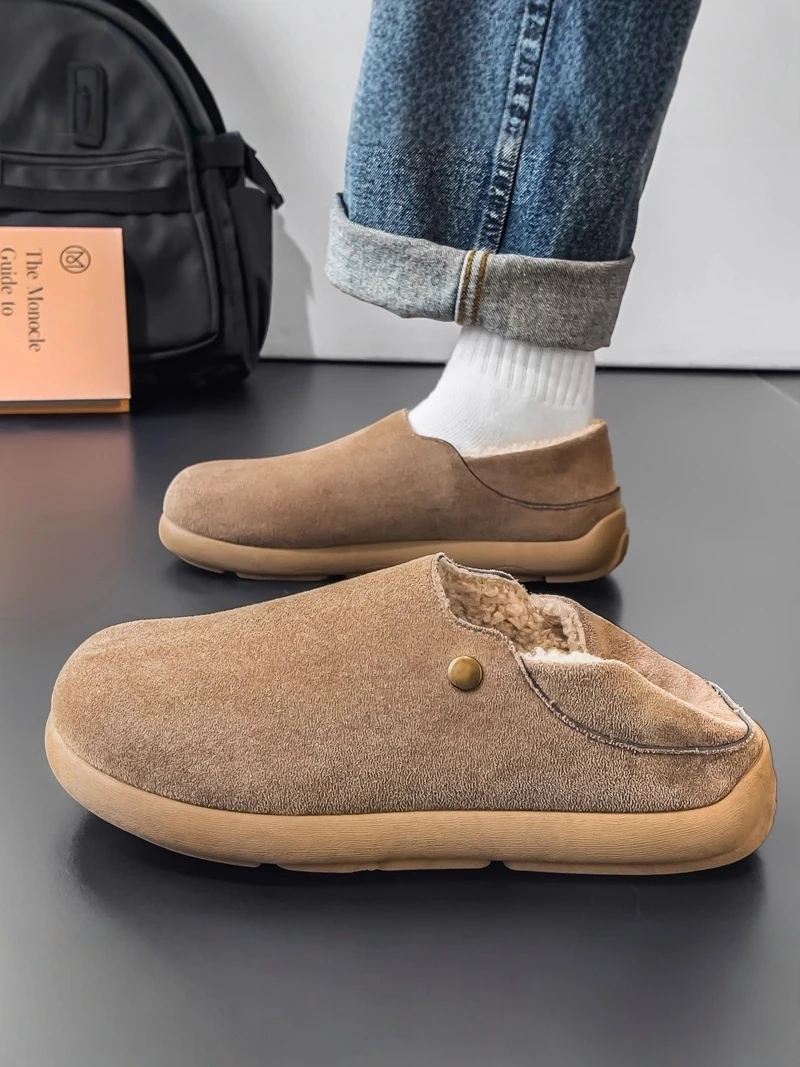 Men's Winter Slip-On Fleece Lined Cotton Slippers Outdoor Cold Resistant Anti-Slip Cotton Shoes Thick Bottom Low Heel