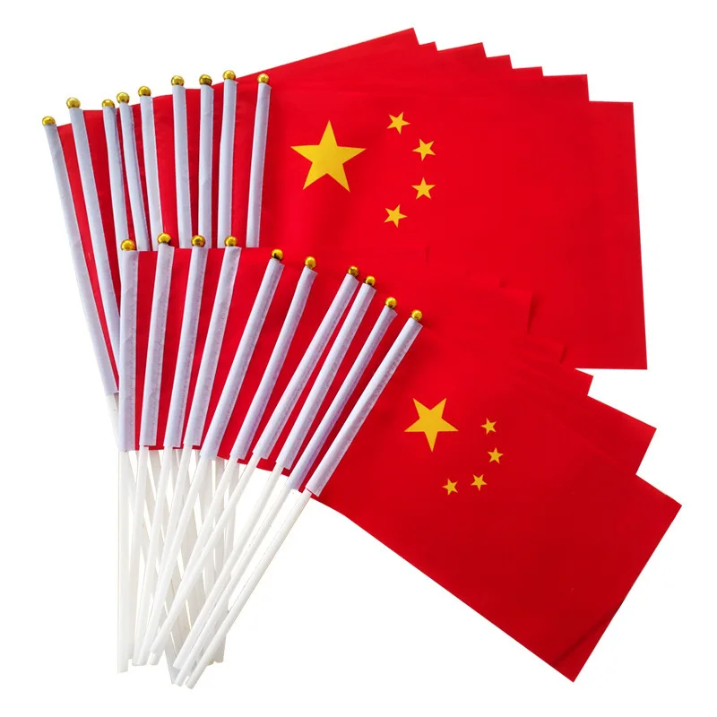 （TIKI FLAG）CHINA National flag 14x21cm Polyester CHINESE Hand Waving Flag with Plastic Flagpole for Events