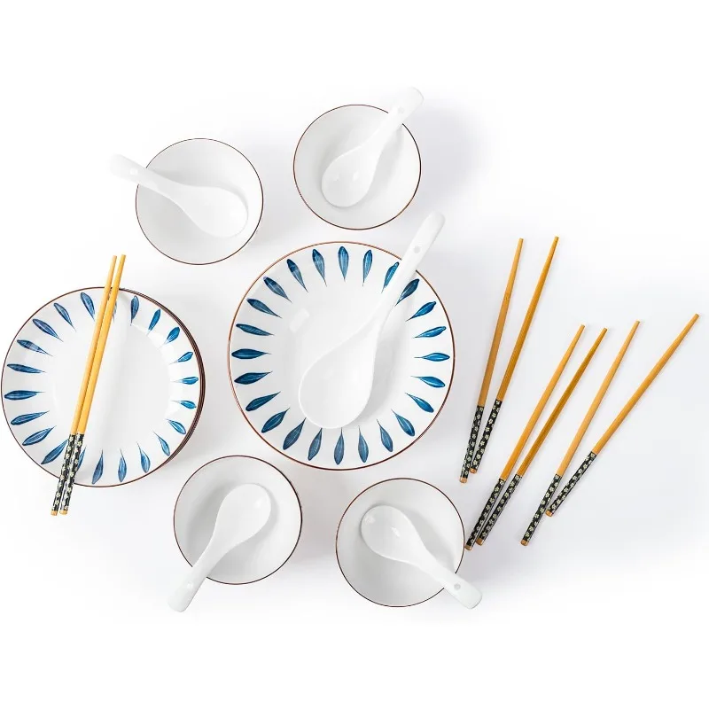 

Japanese Ramen Bowl Set with Chopsticks and Spoon - 18 Piece Porcelain Dinnerware Set, Japanese Soup Bowls and Spoons Set