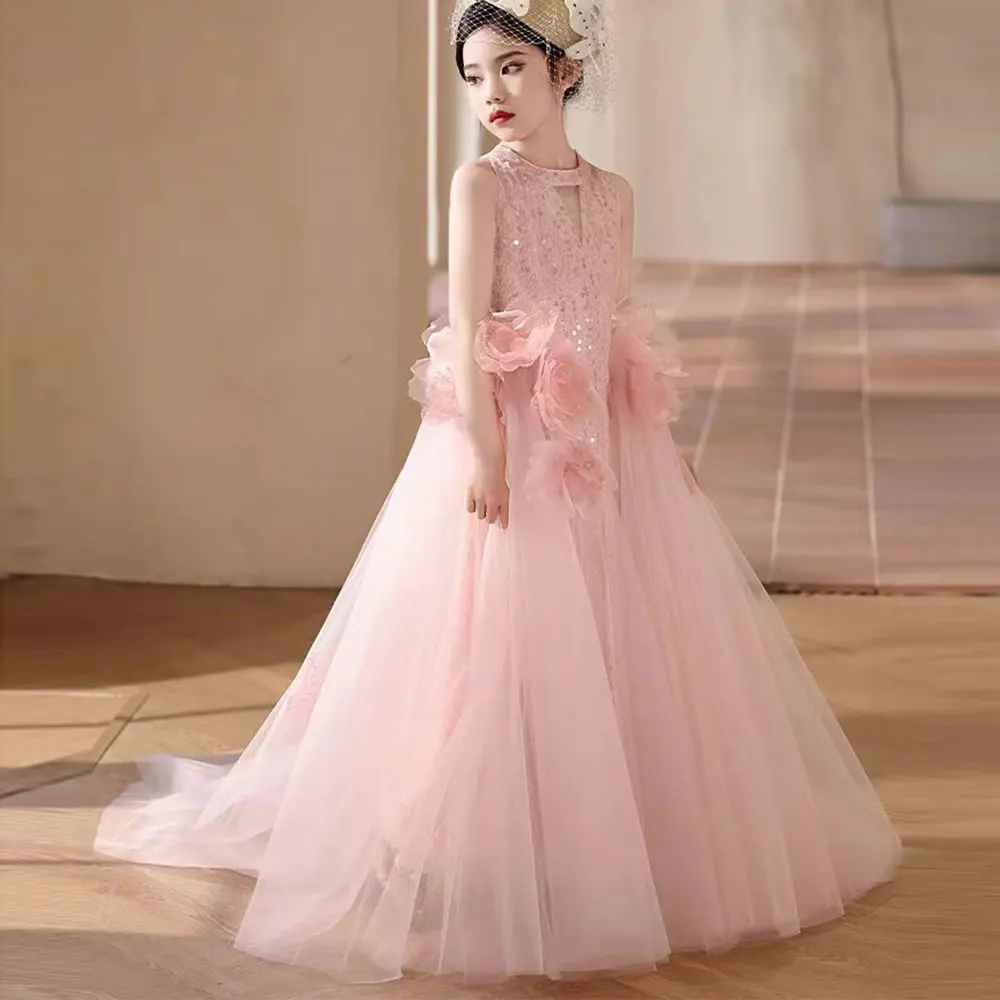 Jill Wish Luxury Pink Arabic Girl Dress Handmade Flowers Kids Princess Birthday Wedding Party Children Holiday Gown 2024 J255