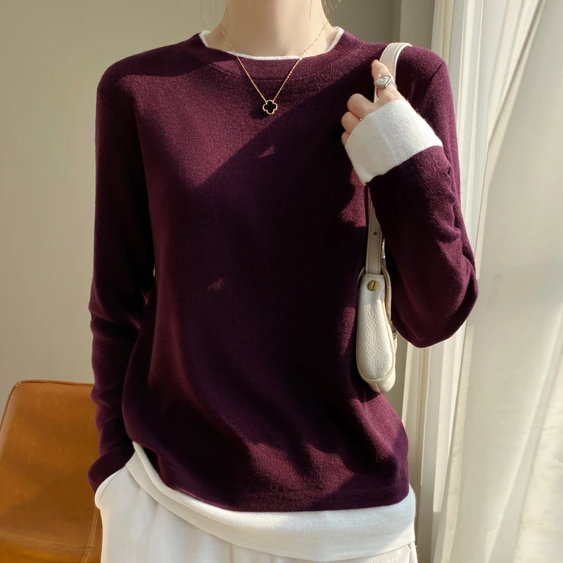 100% Wool Spring New O-neck Sweater Women Fashion Solid Fake Two Pieces Autumn Basic Top Loose Knit Long Sleeve Female Pullover