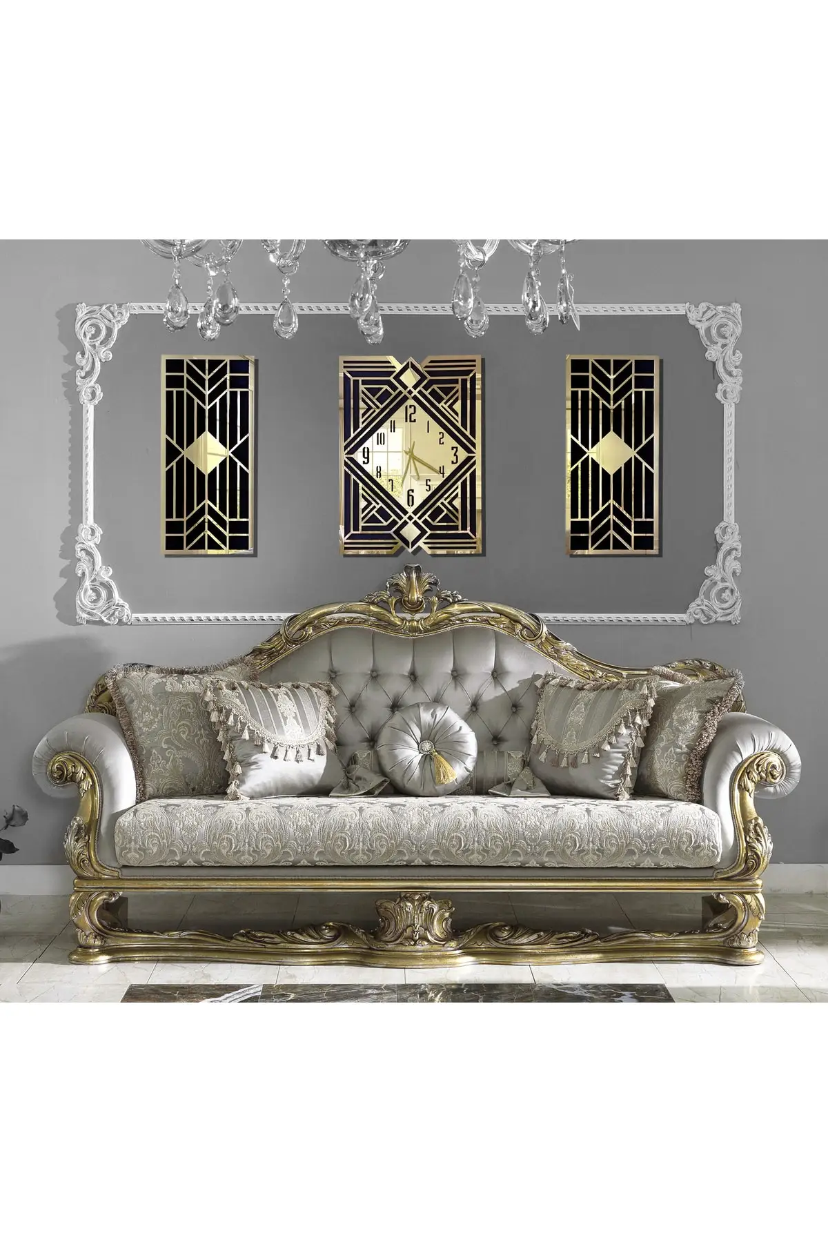 Modern Classic & Geometric Design Mdf Over Gold Mirrored Plexi 3 Wall Clock Set