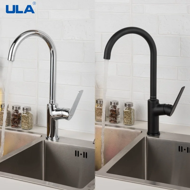 

Латунный кухонный смеситель ULA, вращающийся на 360 градусов кран, холодная и горячая вода, черный цвет
