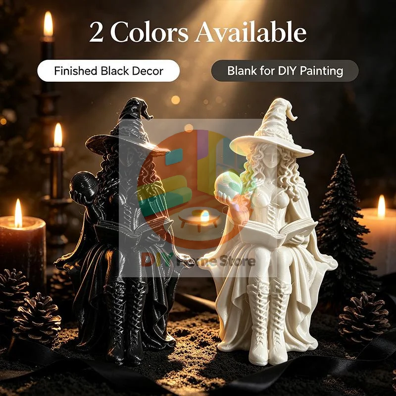 3D Printed Witch Statue with Frosted Crystal Ball Fine Detailed Craft for Halloween Home Window Sill Ornament