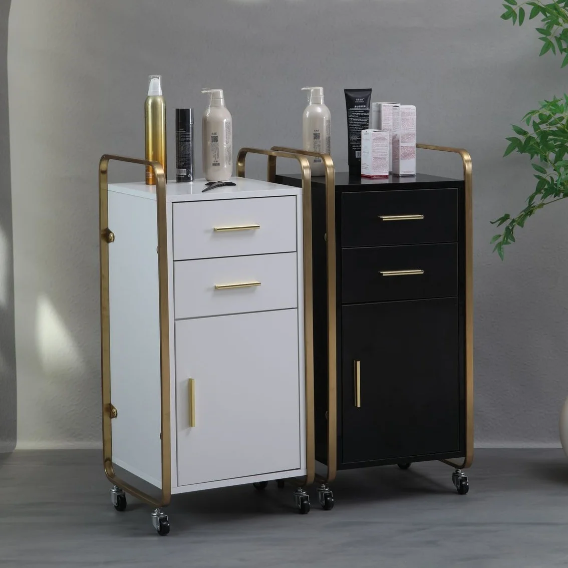 Salon Trolley,Modern Salon Tool Cabinet Trolley 360-degree Rotation High Load-Bearing Capacity Multi-Layer Storage Gold Finish E