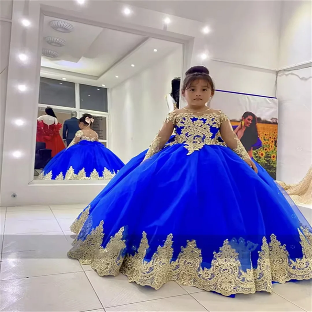 

Gold Applique Long Sleeve Royal Blue Beauty Pageant Flower Girl Dress Pageant Wedding With Bow First Communion Birthday Party