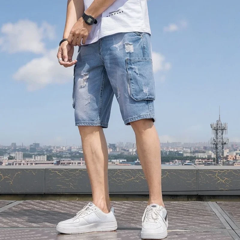 Male Denim Shorts Half Men\'s Short Jeans Pants Long with Pockets Ripped Knee Length Vintage Korean Fashion Thin Harajuku Luxury