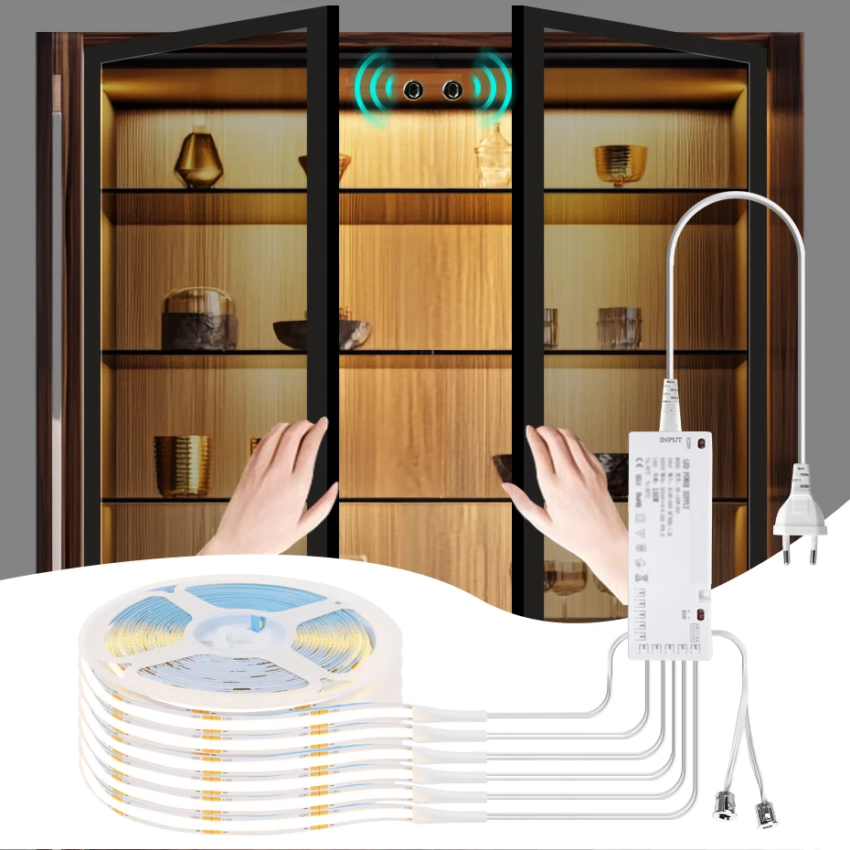 

Dual Door Motion Sensor Control Under Cabinet Lights 24V COB LED Strip AU EU US UK Plug Wardrobe Showcase Book Shelf Lighting