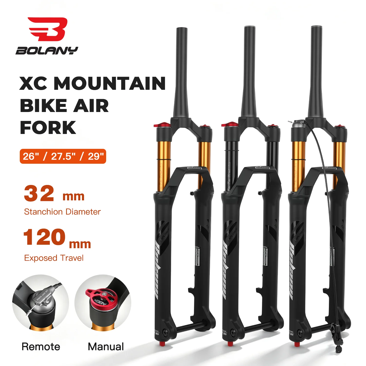 BOLANY Mountain Bike Air Front Fork 26/27.5/29Inch 100mm Travel BOOST TA 32mm Magnesium Alloy MTB Suspension Remote Bicycle Fork
