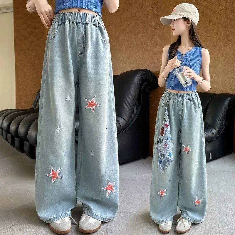 Teenage Girls New Trendy Jeans Five-Pointed Star Patch Children's Casual Korean Trousers Embroidery Design Wide Leg Denim Pants
