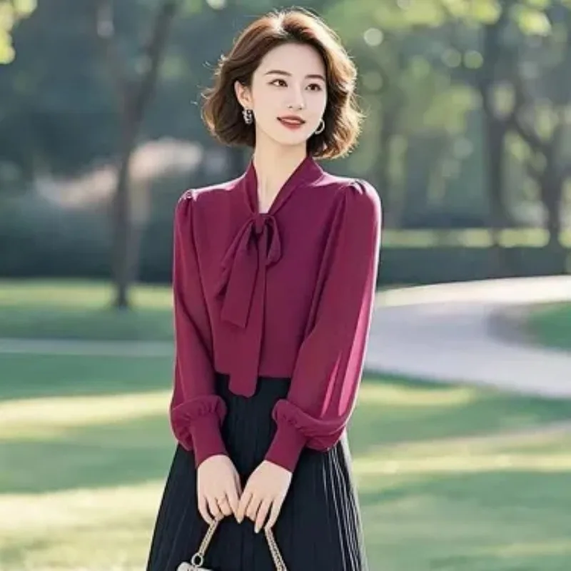 Women French Elegant Bow Tie Chiffon Blouse Long Sleeve Commuter Office Fashion High Grade Top