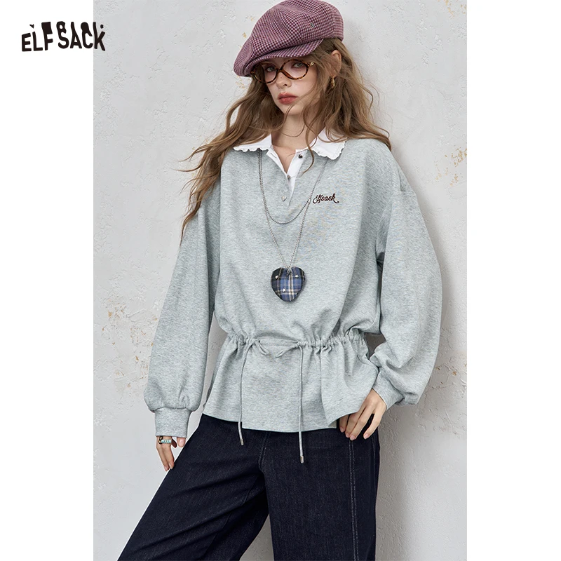 

ELFSACK 2025 Autumn New Arrivals Casual Drawstring Waist Lace Collar Patchwork Sweatshirt Streetwear Top For Womanan