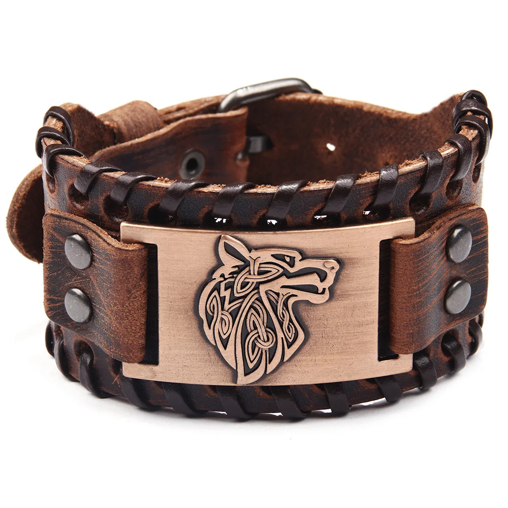 Men's Stylish Viking Themed Leather Wristband Bold Wolf Motif Metal Embellishment Bracelet Punk Rock Parties Jewelry Unique Gift image 4