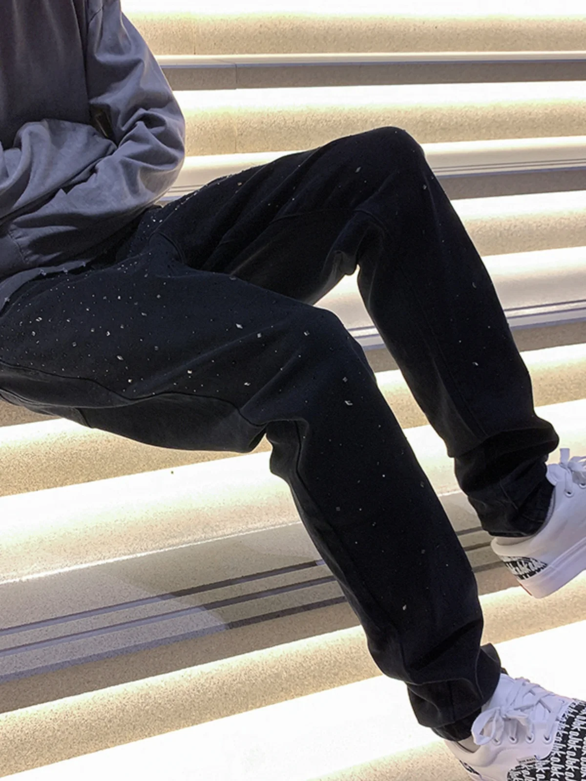 Summer New Black Men's Slim Fit Jeans Fashion Trend Starry Heavy Ironwork Rhinestone Thin Straight Long Pants