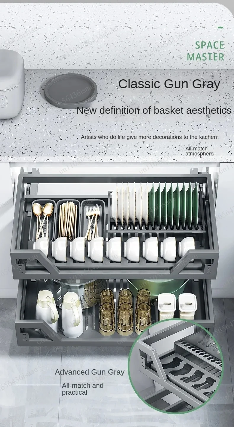 Built-in Drawer Pull-out Storage Basket Stainless Steel Double Layer for Kitchen Bowl Plate Spice Organizer