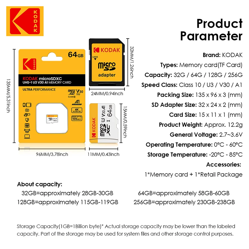 Original KODAK Memory Card 64GB 128GB 256GB U3 4K Micro SD Card 32GB SDHC UHS-I C10 A1 V30 TF Trans Flash Microsd