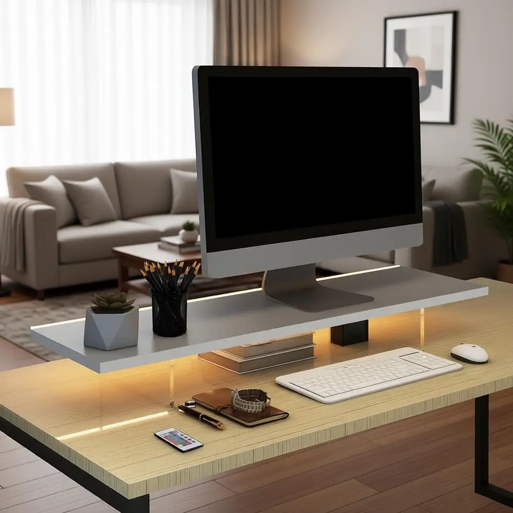 Wood and Acrylic LED-lit Monitor Stand, Desk Organizer for Computers, Laptops, Printers, and TVs