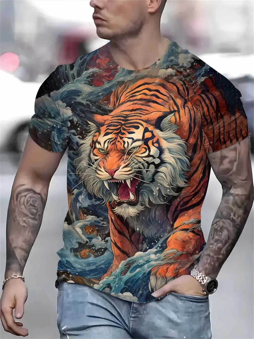 Men T-Shirt Summer Animal Tiger Short Sleeve Lion Print Tops Round Neck Fashion Clothing Men Clothing Unisex T-Shirt