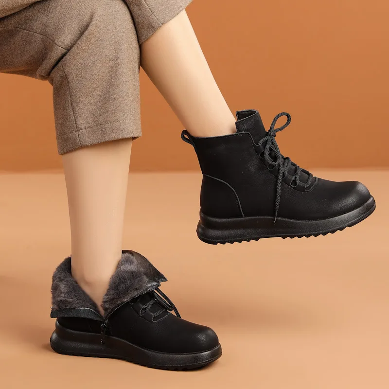 جلد طبيعي الشتاء أحذية النساء الثلوج الأحذية سميكة وحيد 3 سنتيمتر لينة الدافئة أفخم العلامة التجارية السيدات حذاء من الجلد حجم كبير 41 DX719