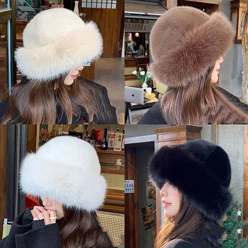 1Pcs Fluffy Fur Fisherman Hat For Women Winter Plush Ear Protection Cap Windproof Warm Headgear Fashion Female Mongolian Hats