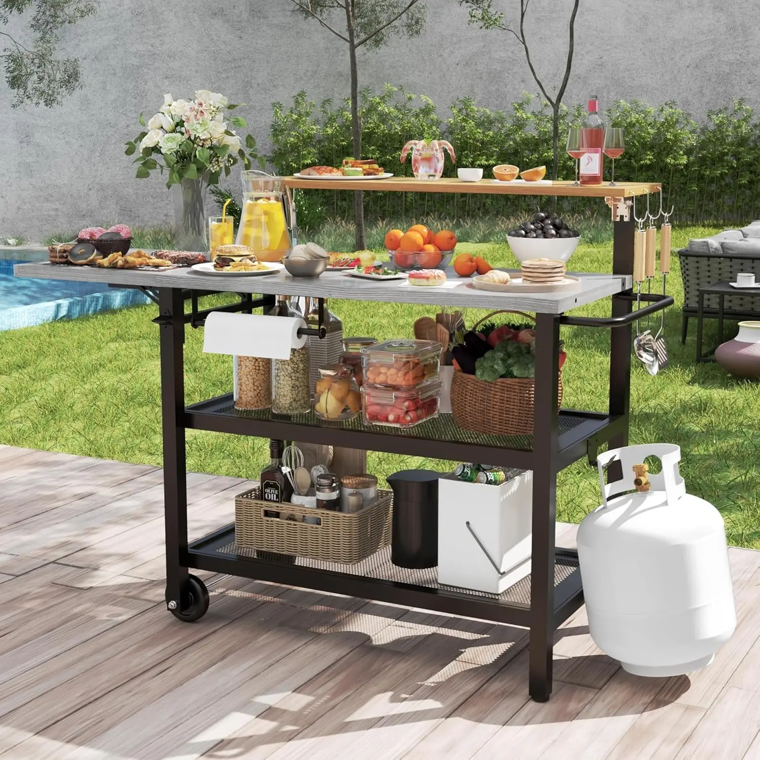 

Grill Table with Four Shelf, Stainless Steel Flattop Pizza Oven Table with Foldable Extended Side Shelf, Movable, Customized