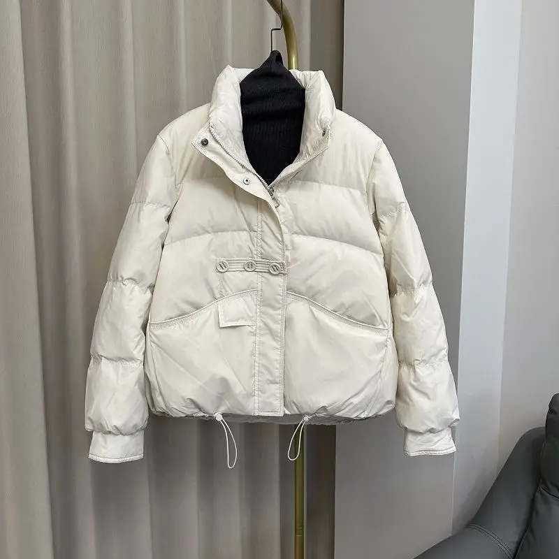 Korean version loose white duck down down jacket short women's jacket 2025 warm three button stand up collar light and thin