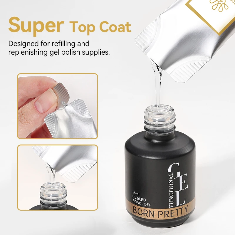 BORN PRETTY Smalto per unghie gel Super Top Coat per gel in bottiglia 15g 6 IN 1 Colla per unghie Gel Ricarica Rifornimento Soak Off a lunga durata