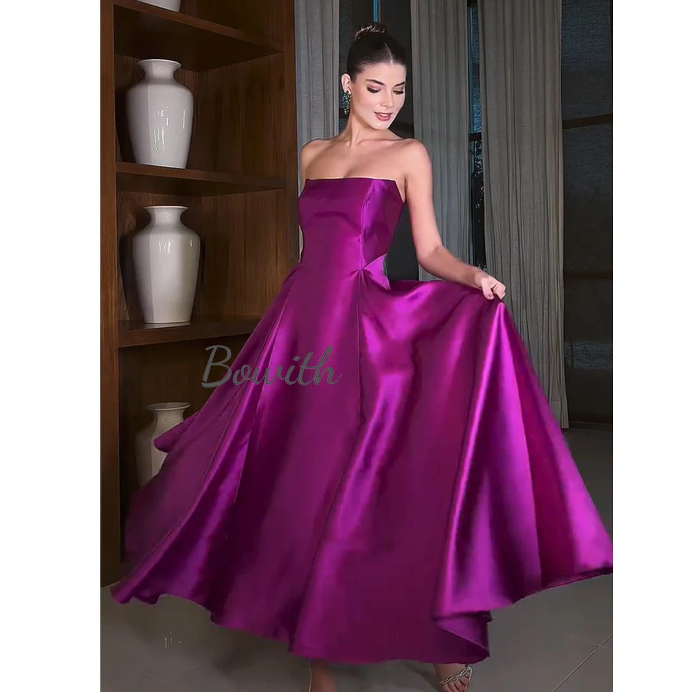 

Bowith Purple Evening Dresses for Women A-line Strapless Simple Prom Gown Customized Elegant Satin Sleeveless Party Gown