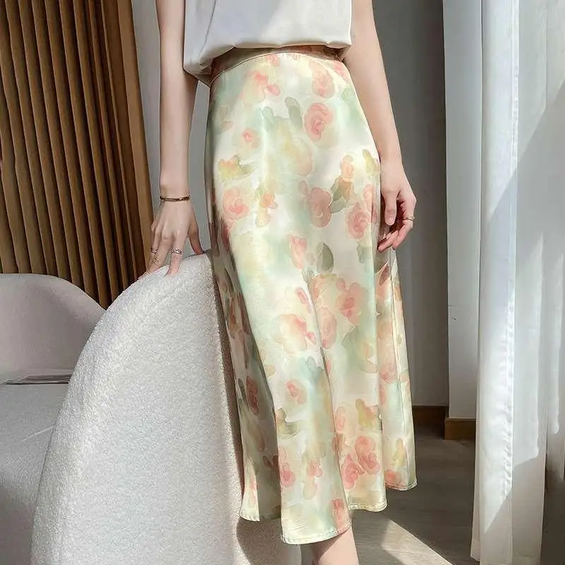 

Spring Small Print Oil Painting Flower Bud Silk Skirt Cleanfit Sle mid Waist PVC Umbrella Skirt for Middle-aged Women