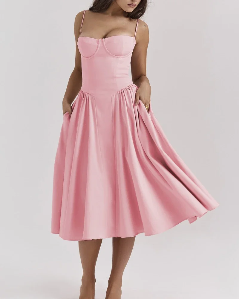 

2026 Spring Pink Strap Dress Elegant Elegance Large Swing Long Dress Square Neck