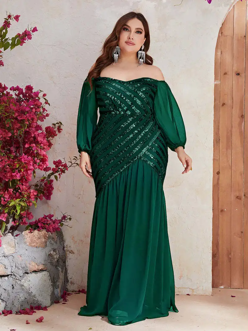 Women Plus Size Evening Dresses Strapless Sequins Splicing Party Dresses 2023 New Sexy Green Wedding Dress Large Size Female