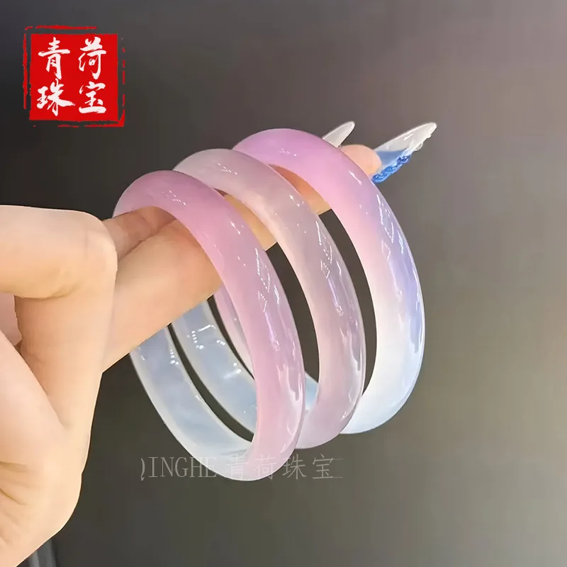 Tulip light chalcedony agate bracelet, white and pink flat strip, medium width, young girls