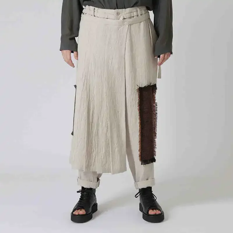 

YOJI OOAK Темные удобные льняные брюки с различными материалами, украшением из ткани и фартуком, повседневные модные брюки