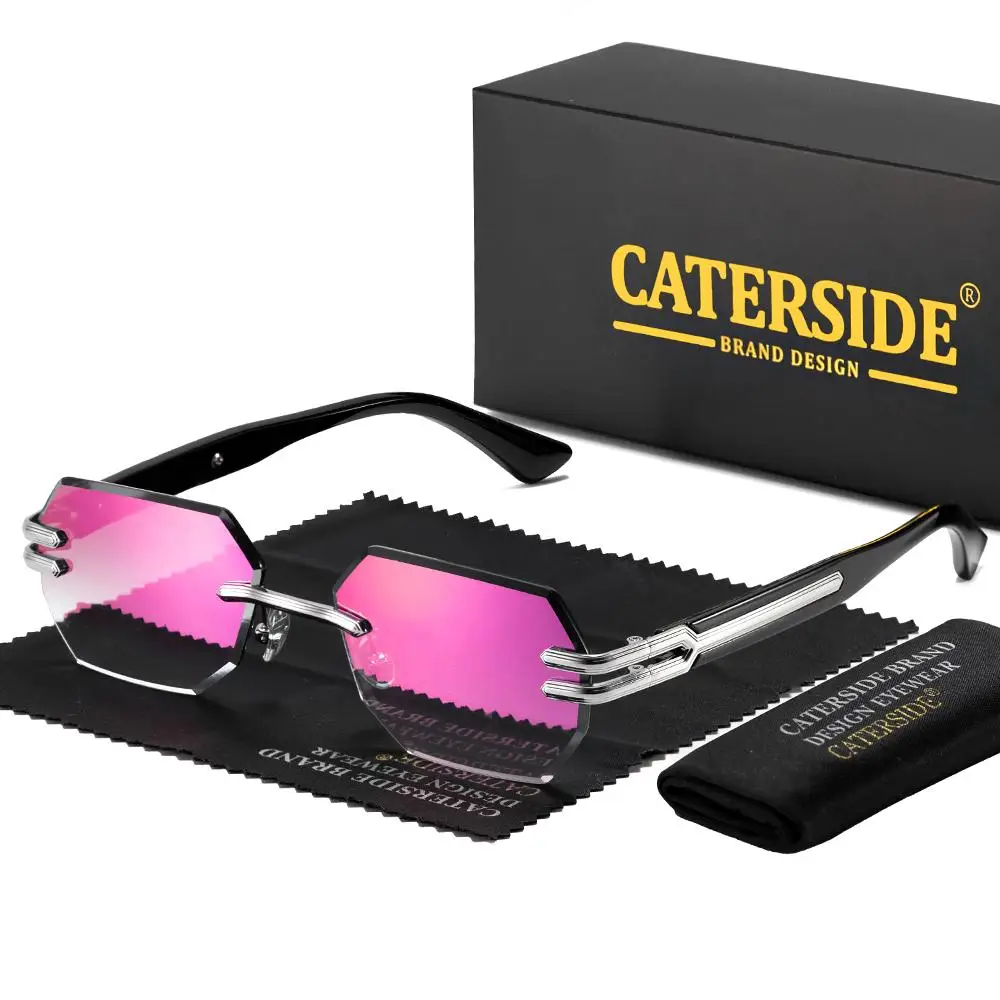 CATERSIDE Neue rahmenlose Sonnenbrille für Herren, modische polygonale Spiegellinsen mit Farbverlauf, Metallrahmen, Damen-Party-Sonnenbrille für den Außenbereich – Detail 14