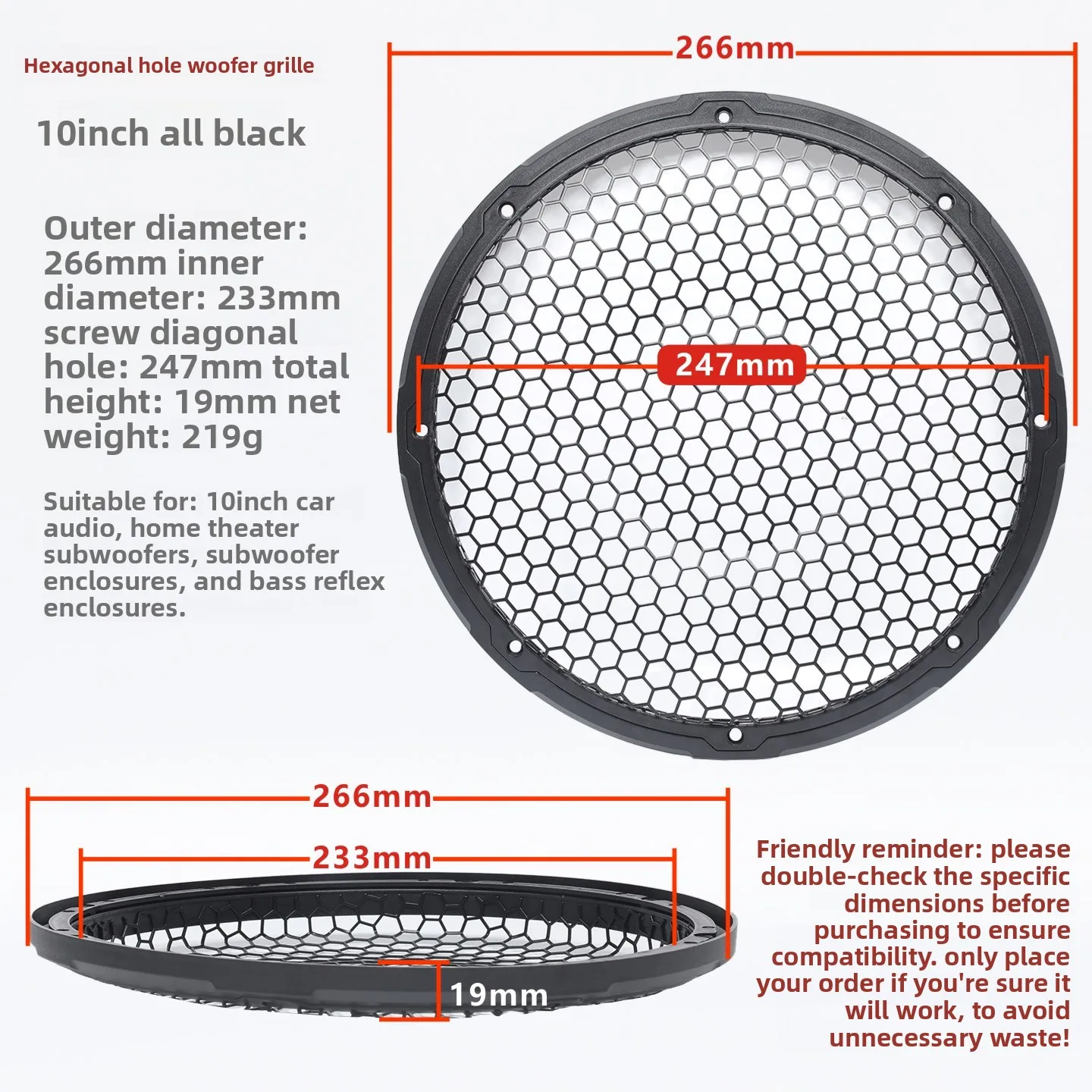MW Audio, 1 stuk, 10"/12" luidsprekerrooster, zeshoekig honingraatpatroon, geschikt voor subwoofer en auto-audio.