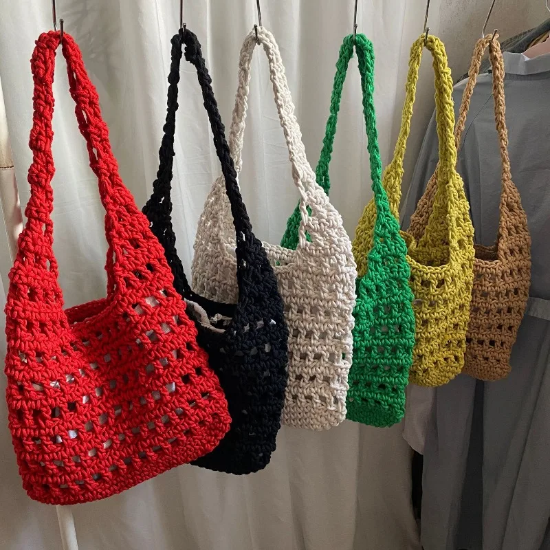 

Летняя вместительная сумка-тоут ручной вязки, пляжная сумка через плечо с ажурным дизайном, вязаная сумка-мешок из веревки