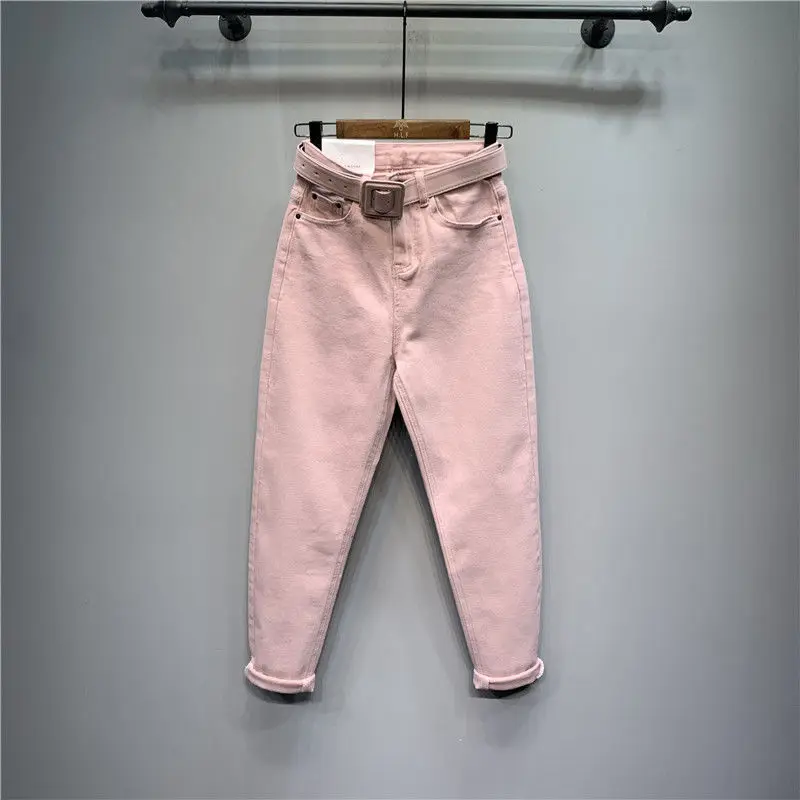 

New Summer Pink Casual Women Trousers Elastic Waist Stretch Jeans Loose High-waist Ankle-length Denim Pants