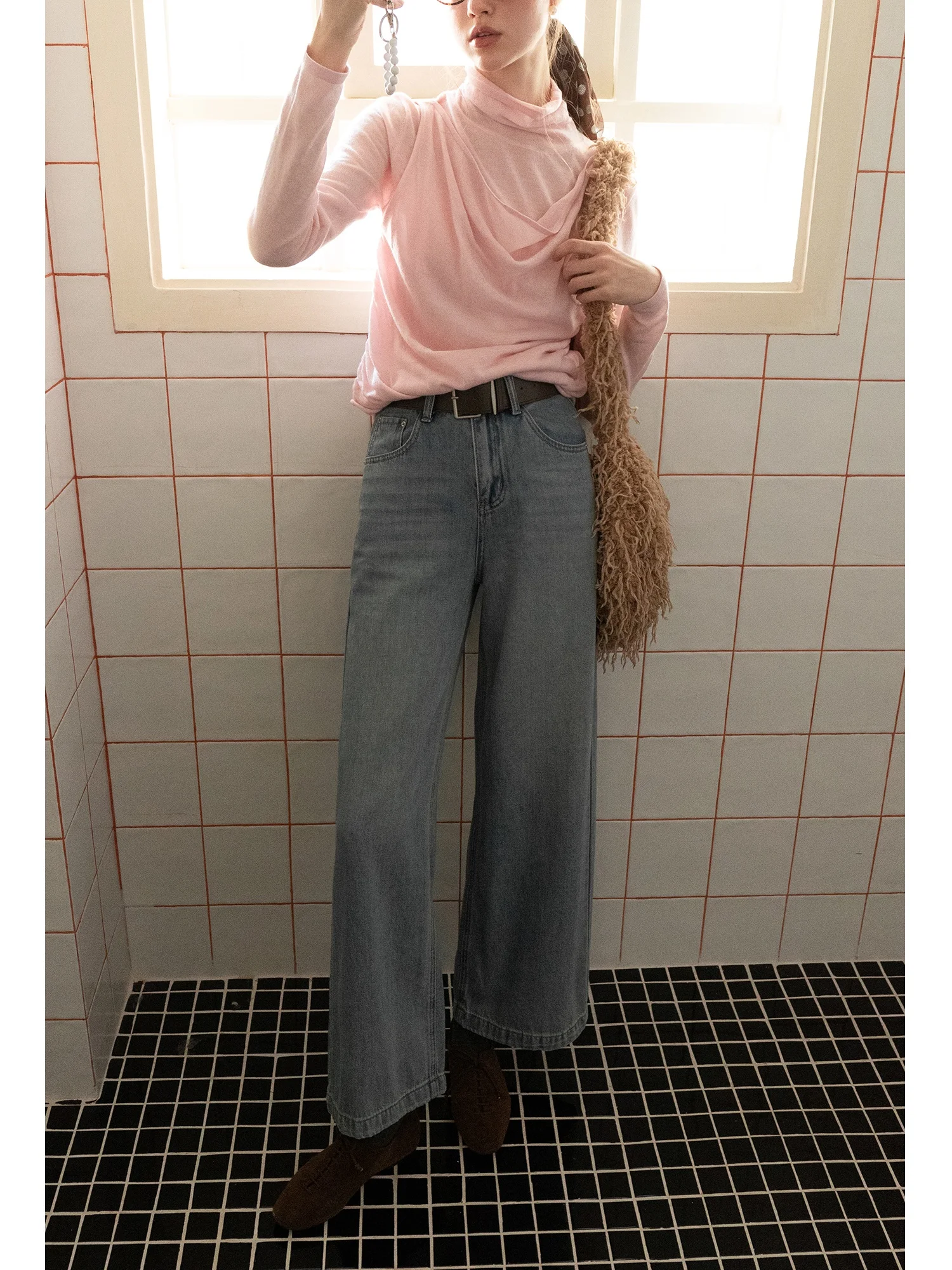 

EGGKA Casual Versatile Straight Leg Jeans Belted High Waist Slimming Hip Covering Wide Leg Pants All-Match Long Trousers