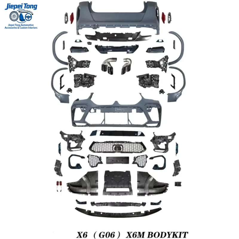 

Комплект для модификации кузова BMW X6 G06 (2019-2022): передний и задний бамперы X6M, 4 выхлопные трубы, решетка радиатора с двойными линиями