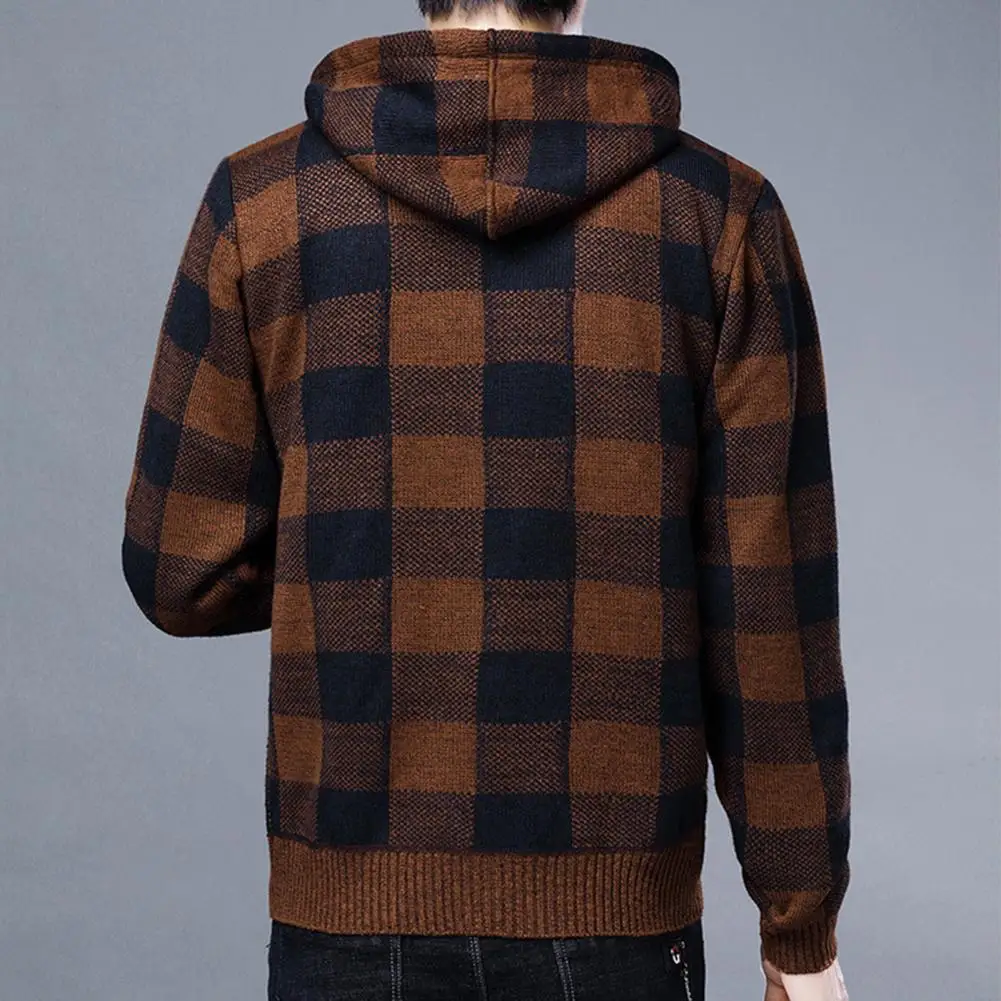

Men Hooded Plaid Cardigan Stylish Men's Winter Hooded Cardigan with Plaid Print Zipper Closure Warm Knitted Coat for Cold